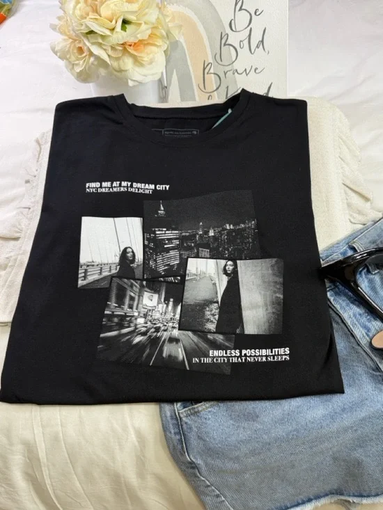 NYC Dreams Delights Graphic Y2K Luxury Black Tee - Picture 16 of 16